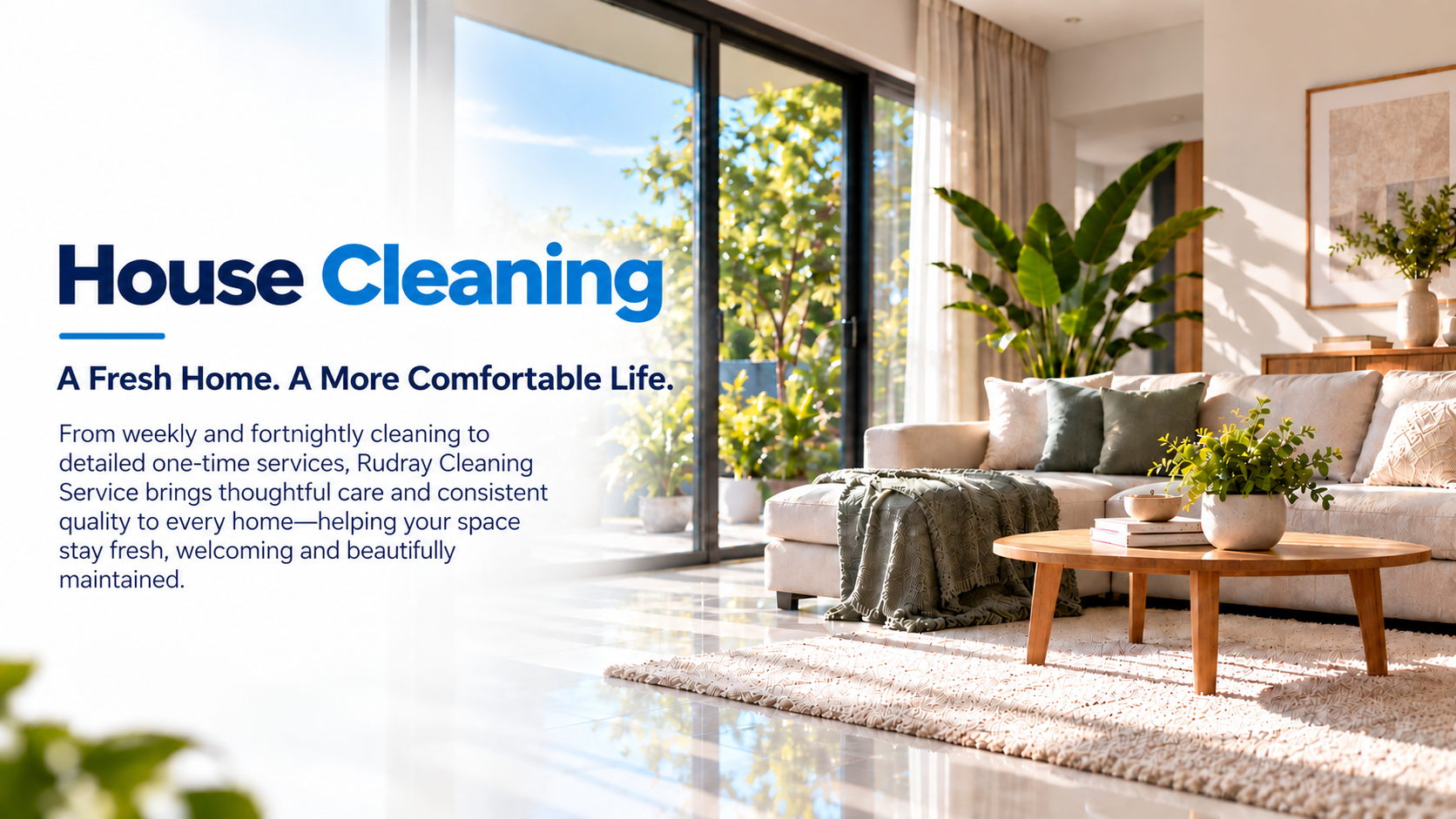 Sunlit Modern Living Room Cleaning Banner